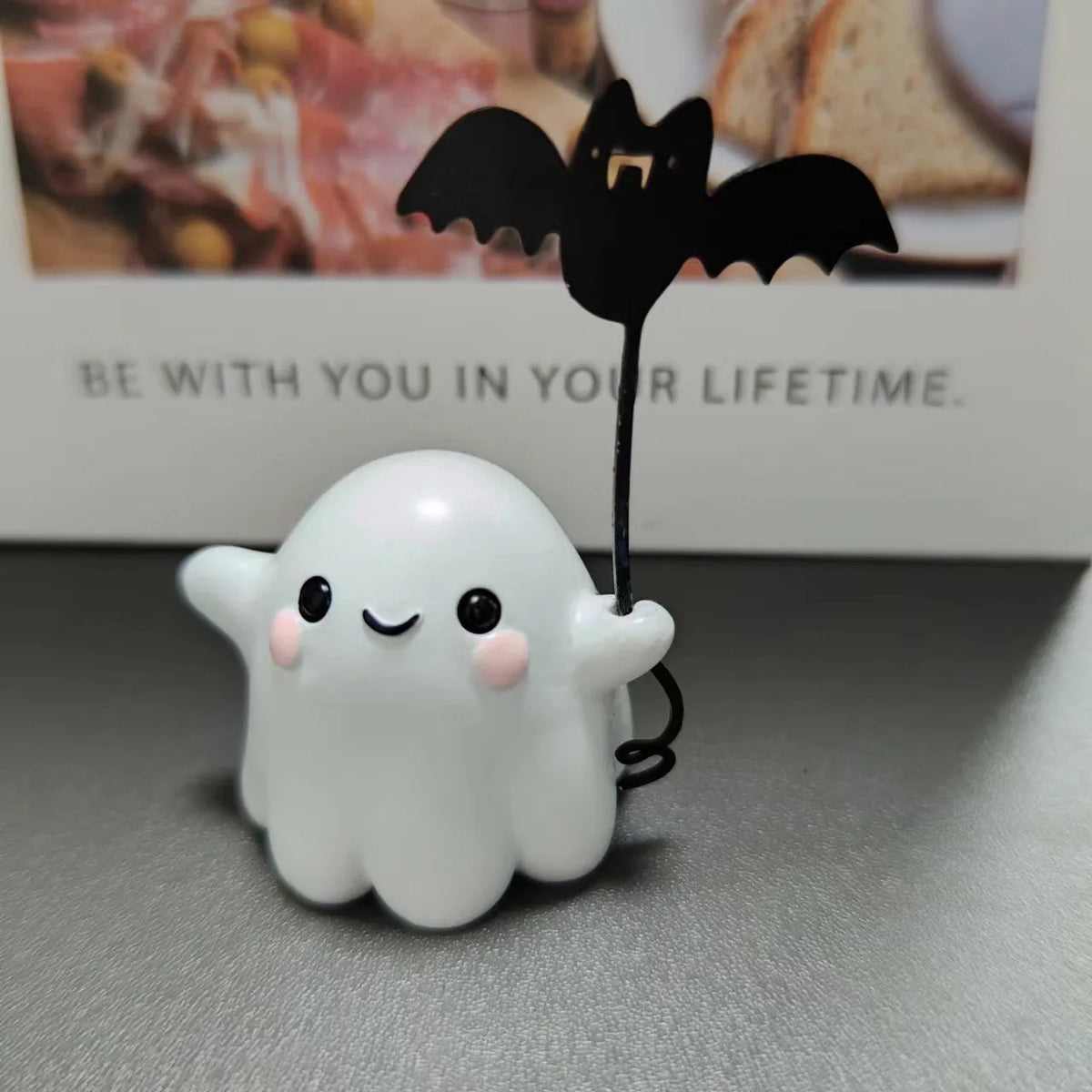 Mini resin Halloween ghost statue walking a dog and holding a bat, 4cm tall