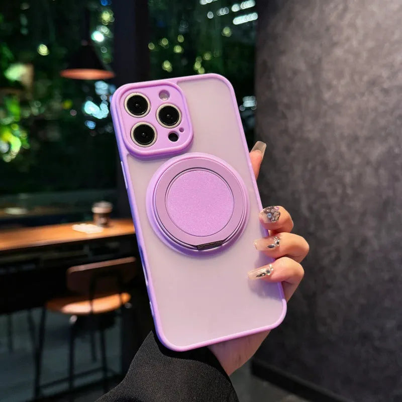 Frosted transparent magnetic phone case with a built-in stand for iPhone, shown in plum colour.