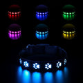 LED dog collar showing seven colour changing modes including dog paw print pattern
