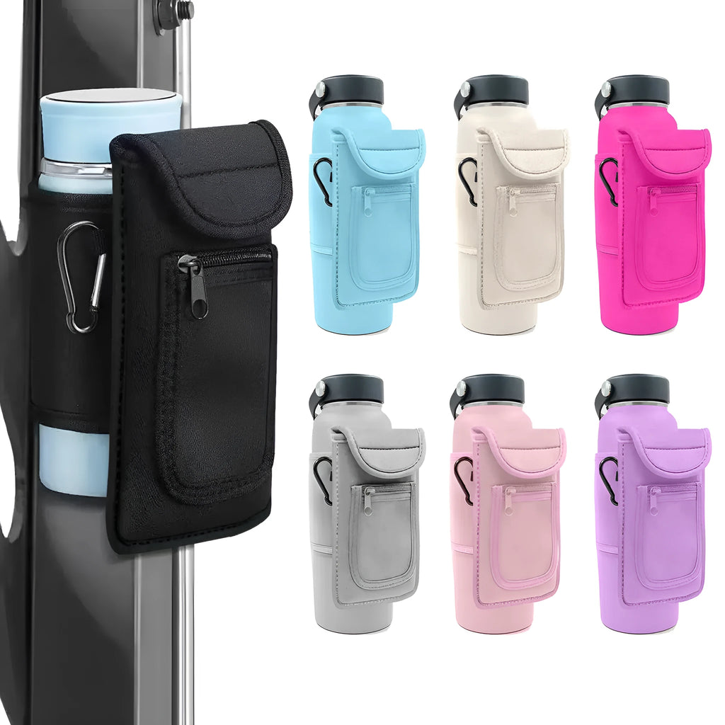 Cloth water bottle sleeve with magnetic clip in black, holding a large sports bottle