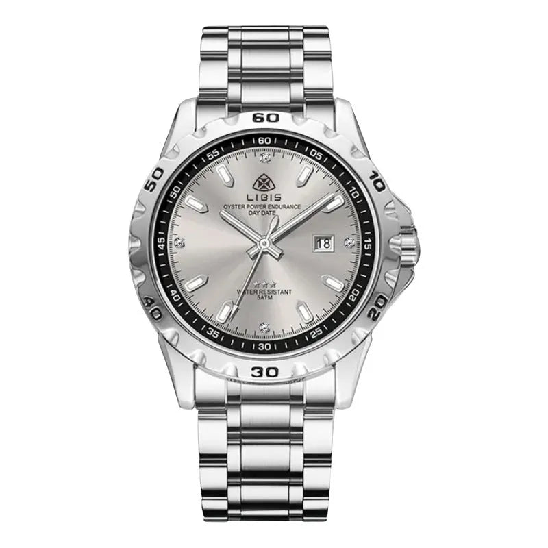 Men's silver case quartz watch with stainless steel strap and luminous hands on black or grey dial