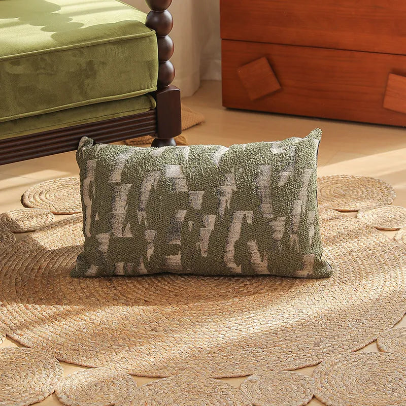 Close-up of a beige and green floral Jacquard woven cushion cover with textured pattern, 45cm square.