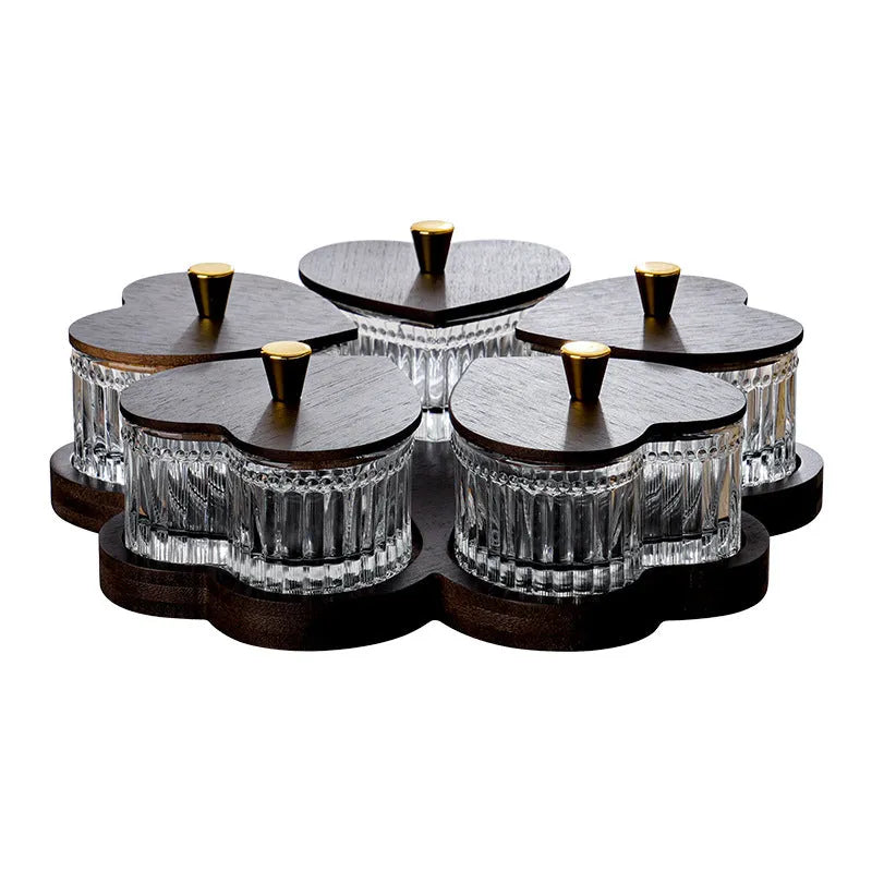 Glass fruit platter with transparent heart-shaped lids in mild luxury retro style with coloured glaze finish