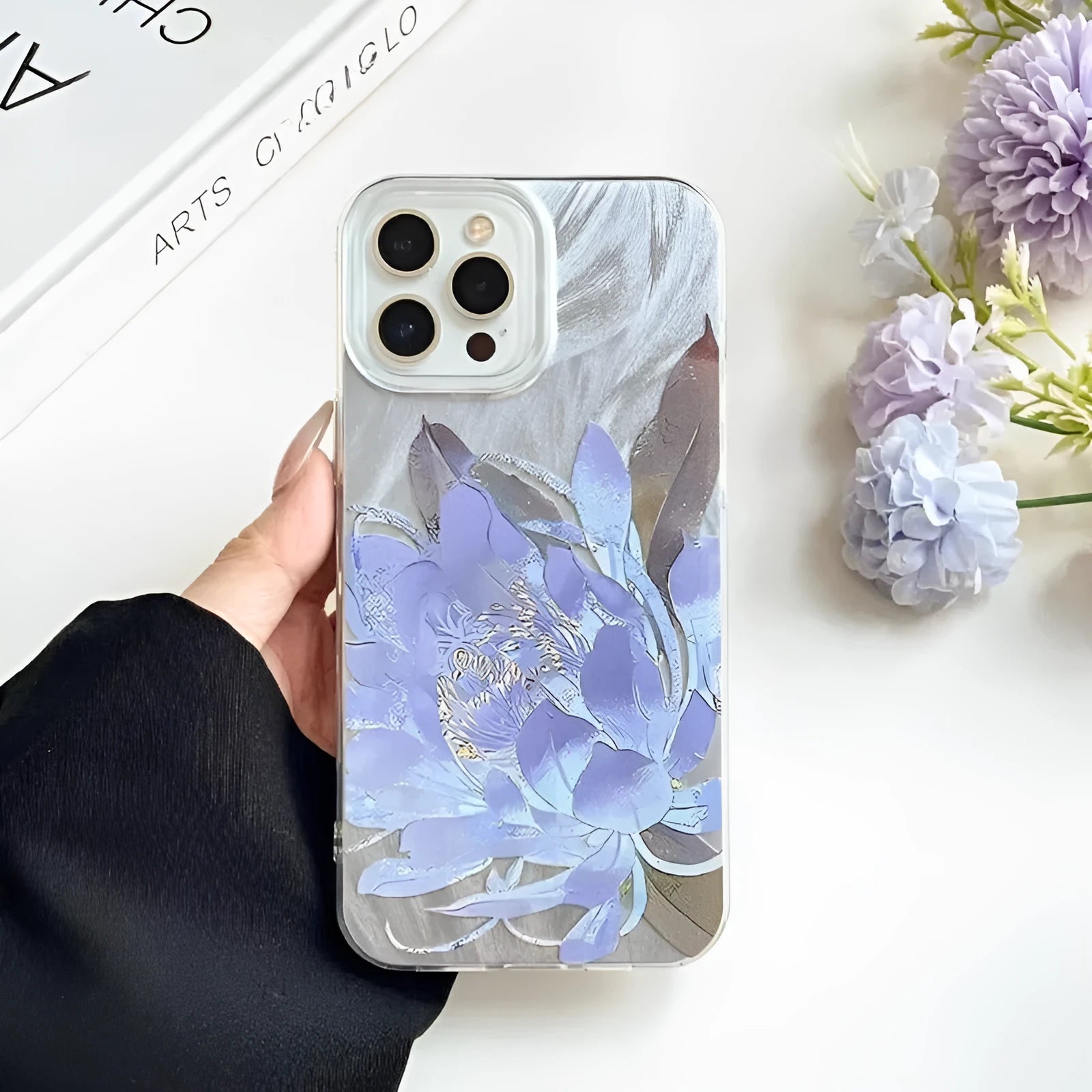 Blue Lotus Light Luxury Fairy design hard plastic case for iPhone on a white background.