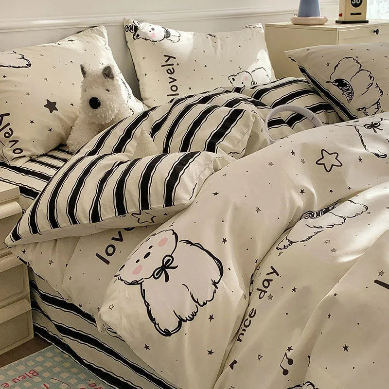 Cartoon dog pattern on a pure cotton duvet cover and pillowcases from a four-piece bedding set.