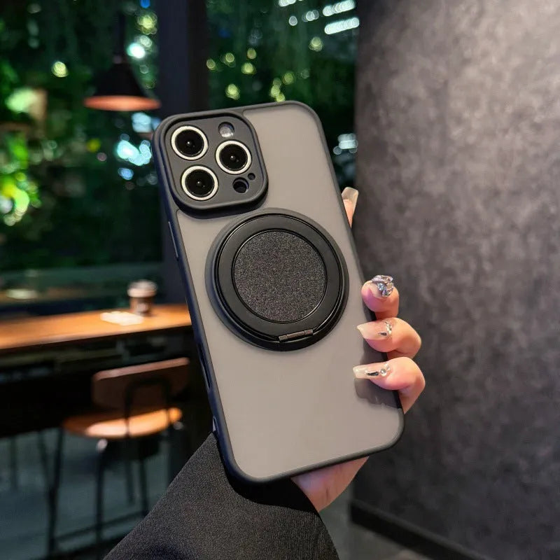 Frosted transparent magnetic phone case with a built-in stand for iPhone, shown in plum colour.