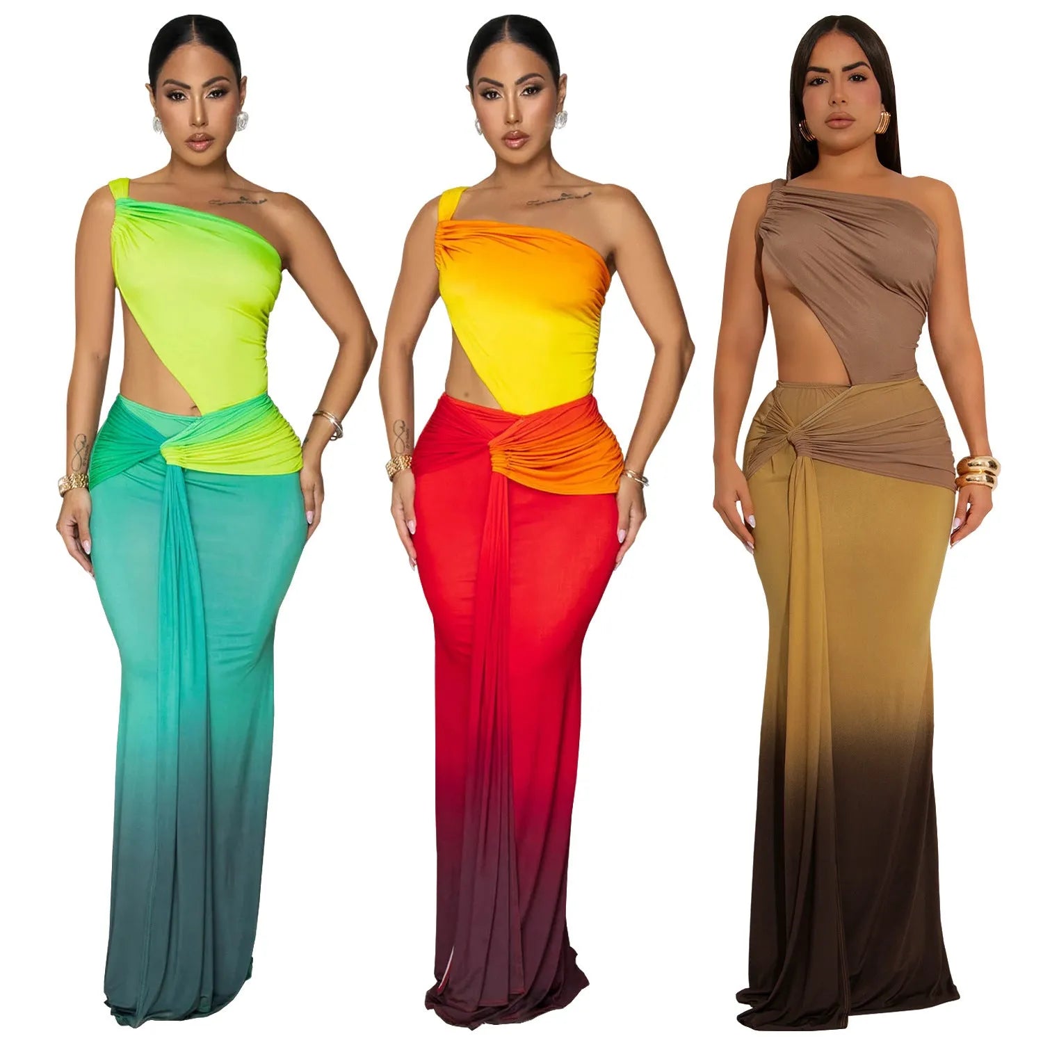 Women's gradient colour off-the-shoulder sleeveless summer dress with a high waist and long skirt.