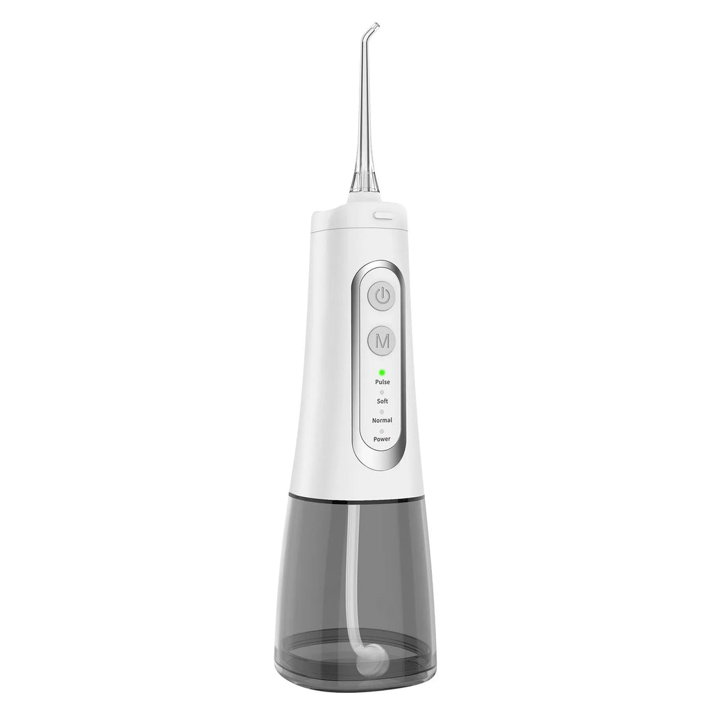 Black rechargeable oral irrigator with 300ml to 400ml tank and four nozzles on white background