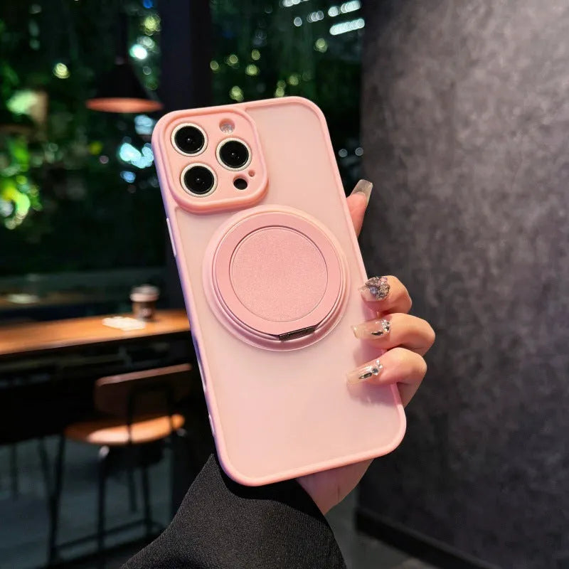Frosted transparent magnetic phone case with a built-in stand for iPhone, shown in plum colour.