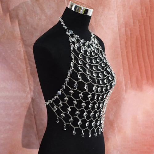 Transparent acrylic crystal body chain with hand-woven plastic and resin sequins in round shapes