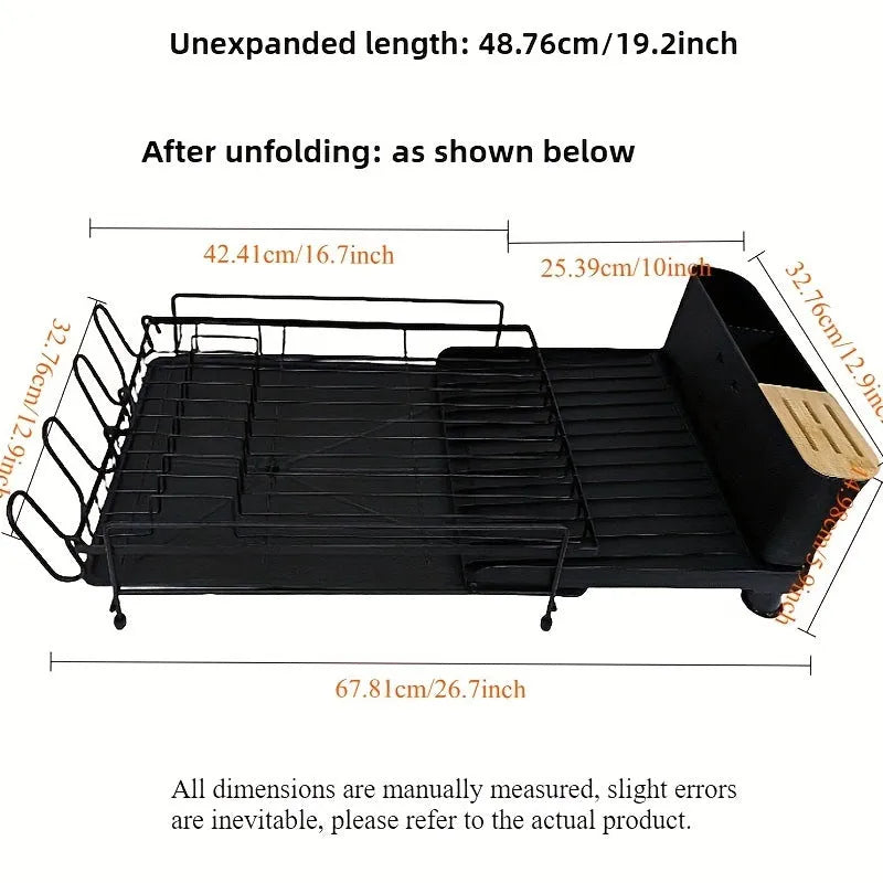 Retractable carbon steel kitchen dish drain rack holding cutlery and cups on sink