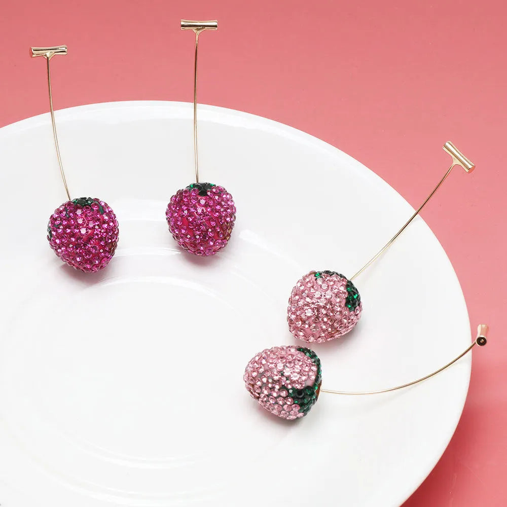 Pair of women's geometric strawberry charm earrings in zinc alloy, spot drill red finish.