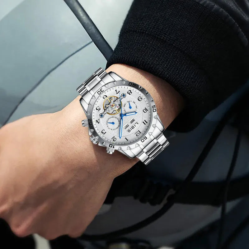 Men's silver steel automatic perpetual calendar mechanical watch with stainless steel strap and sapphire crystal