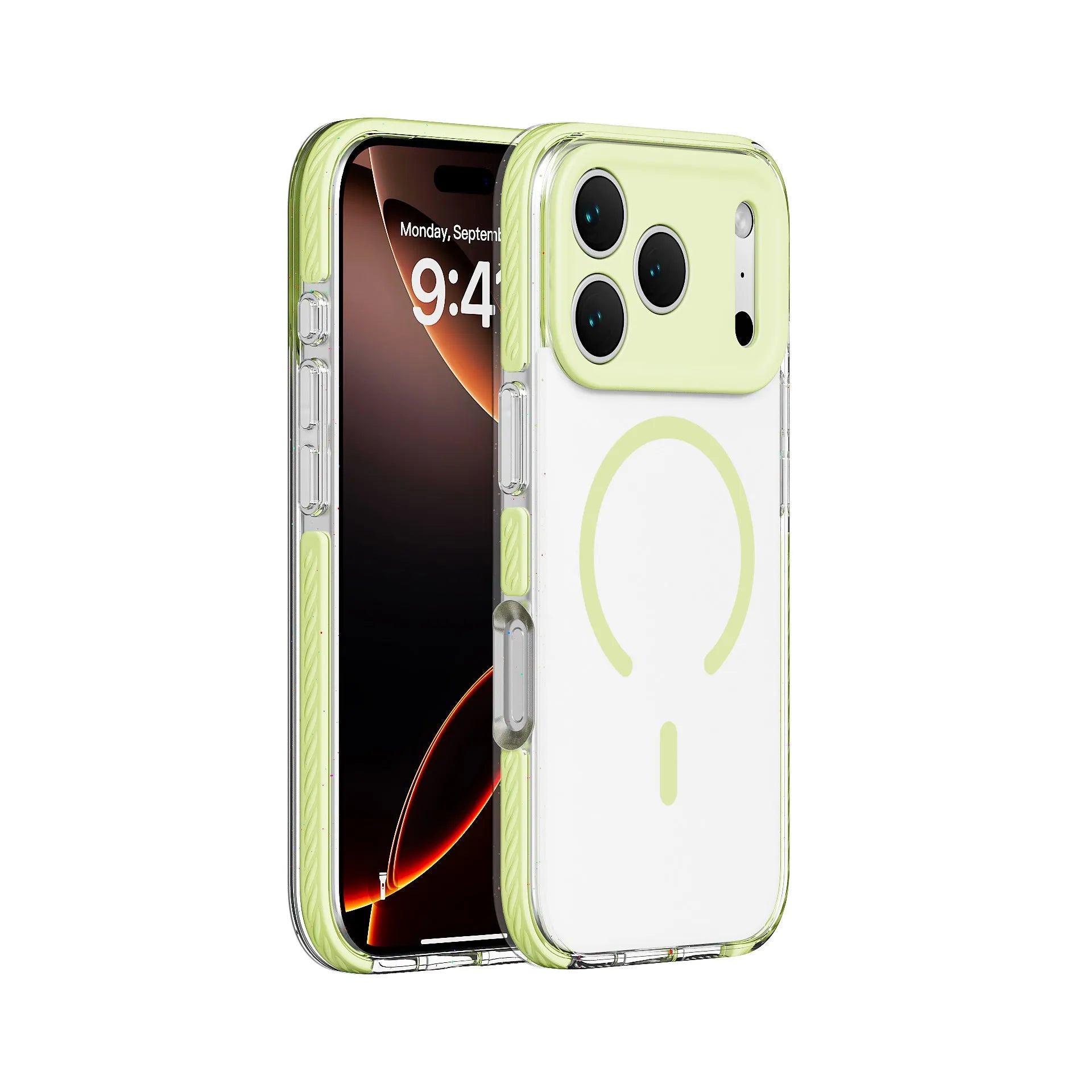 Transparent magnetic iPhone protective case in candy green colour showing front and back view