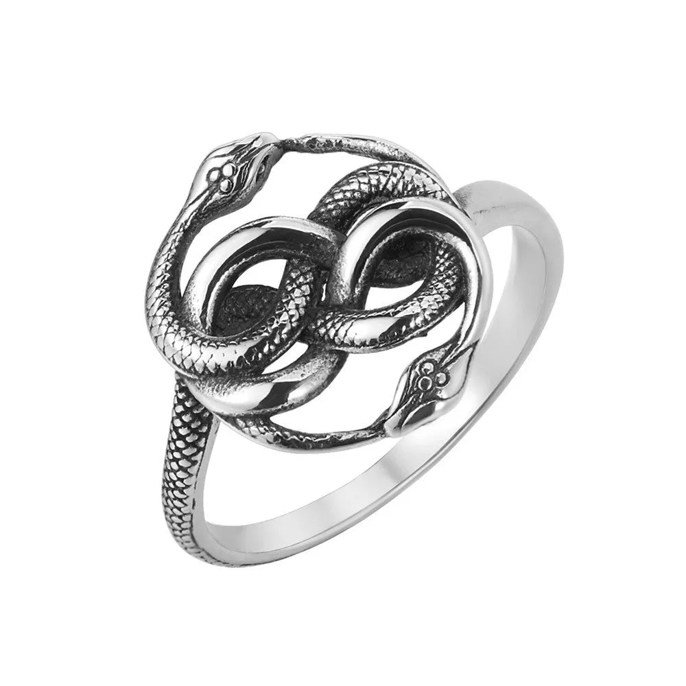 Retro double snake titanium steel ring in steel colour showing detailed snake design