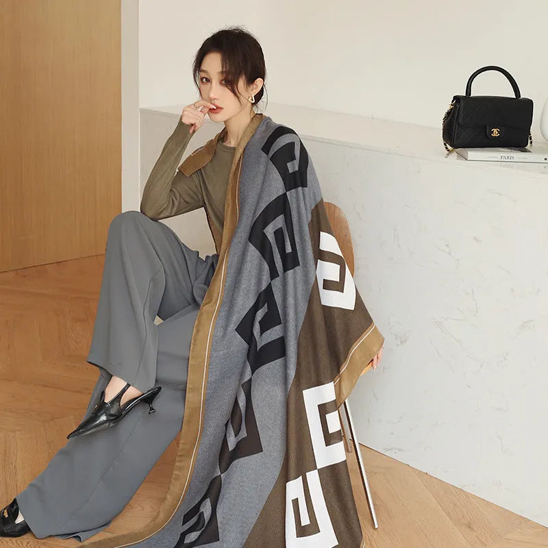 Polyester vintage print scarf measuring 180cm by 90cm shown in mid-length shawl style