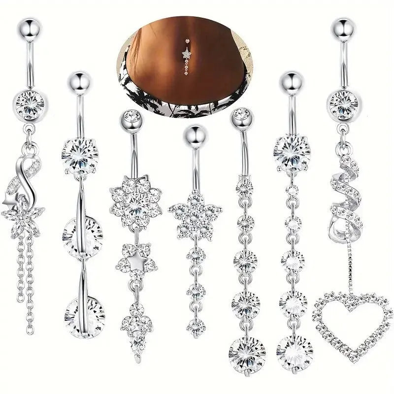 Geometric tassel pendant navel buckle in stainless steel, showing gold and silver colour options for women's belly button piercing ornament