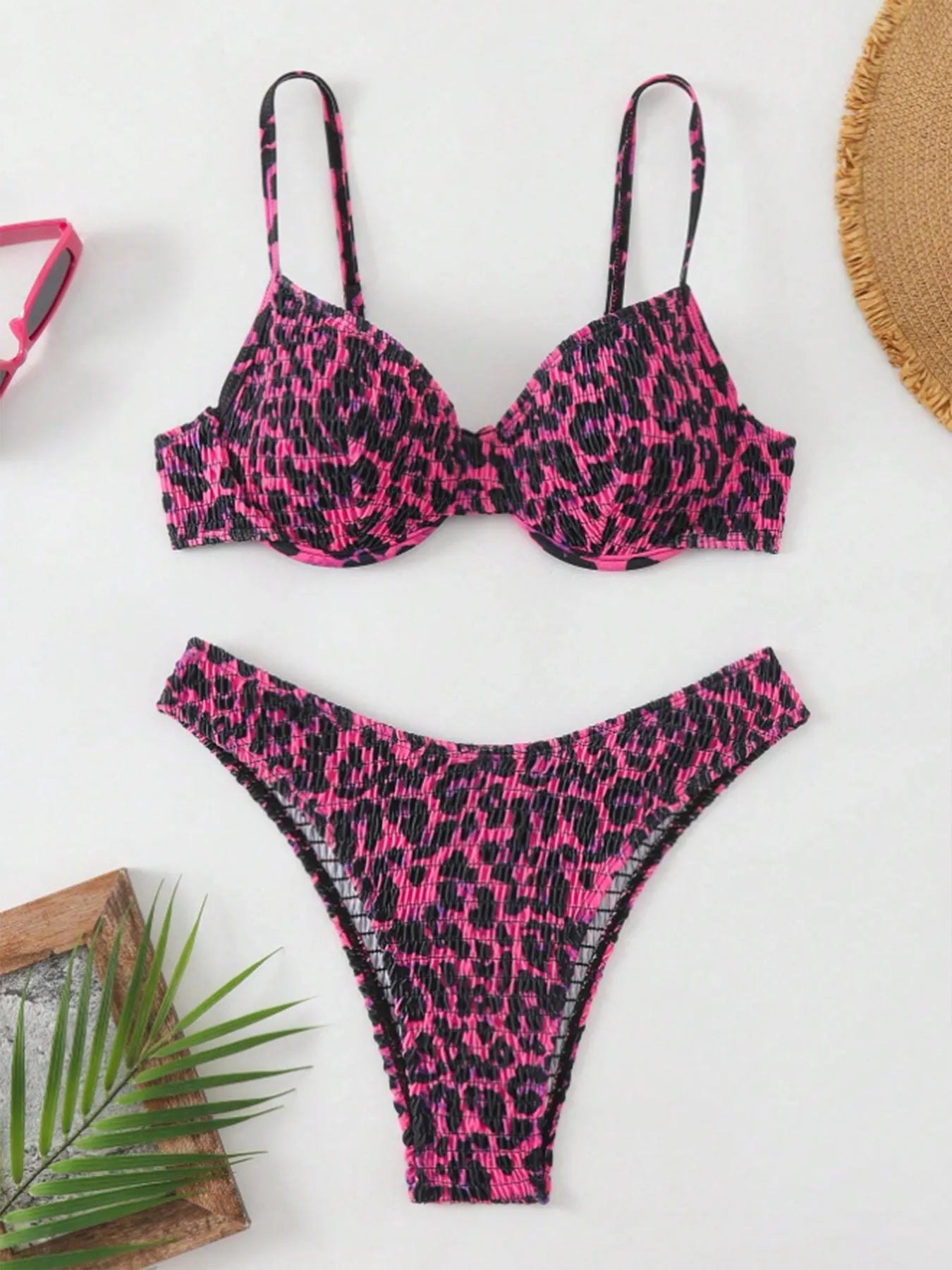 Leopard print bikini swimsuit set for women with backless design in brown mixed colour