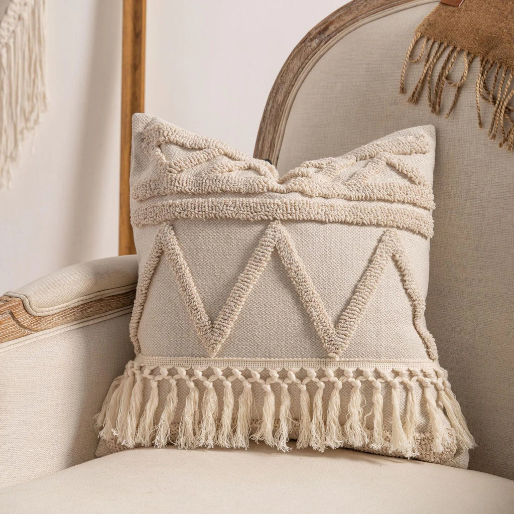 Decorative striped cushion cover with knitted tassel in a choice of six patterns and two sizes.