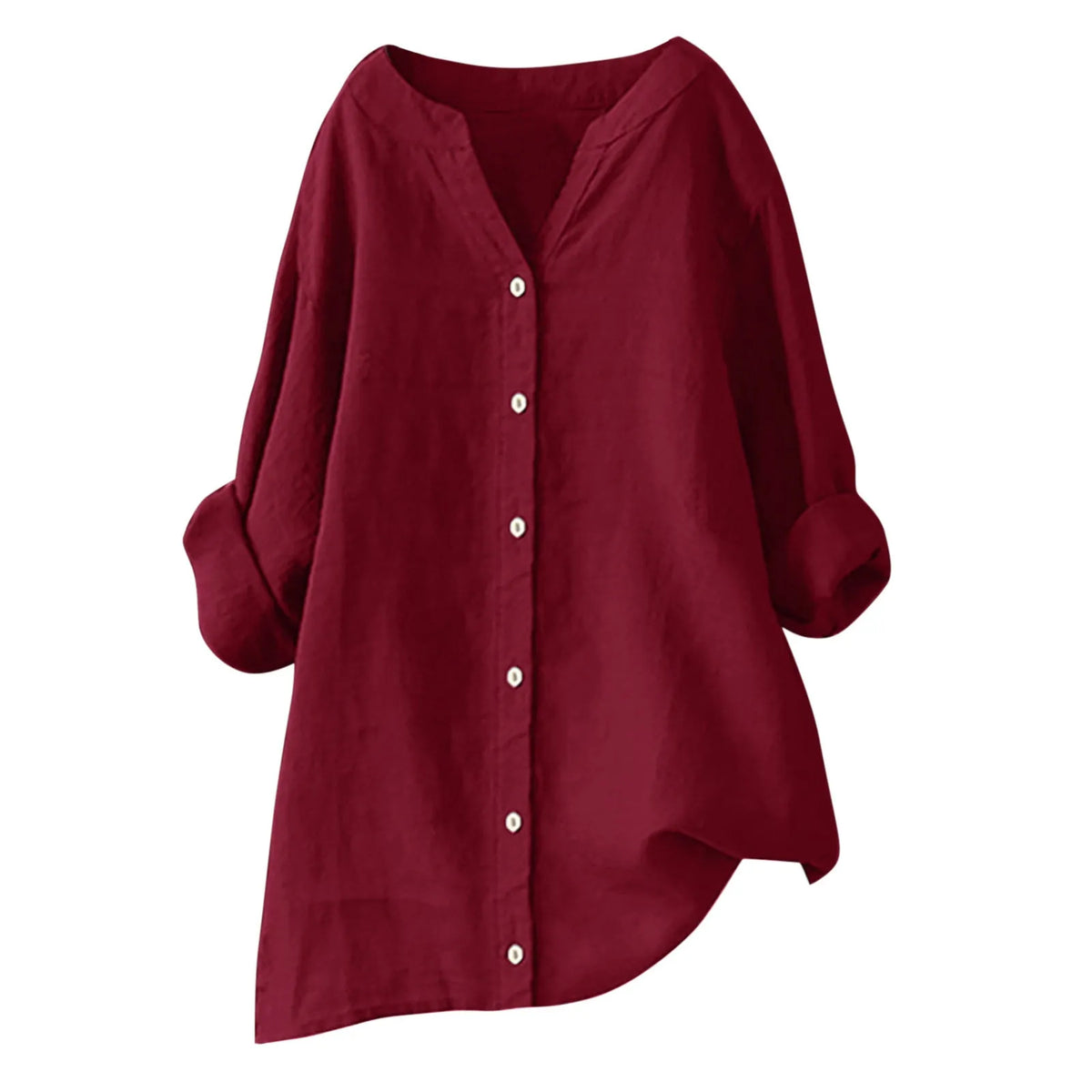 Women's cotton and linen long sleeve button shirt in loose fit, solid colour, front view