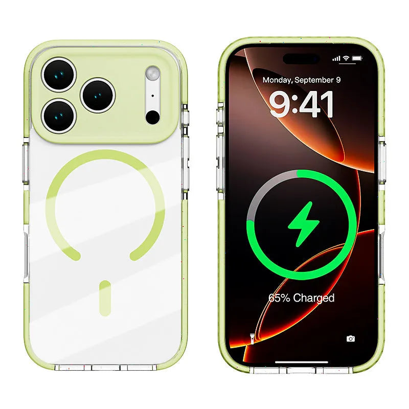 Transparent magnetic iPhone protective case in candy green colour showing front and back view