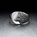 Silver geometric wolf head men's ring with retro European American style on size chart