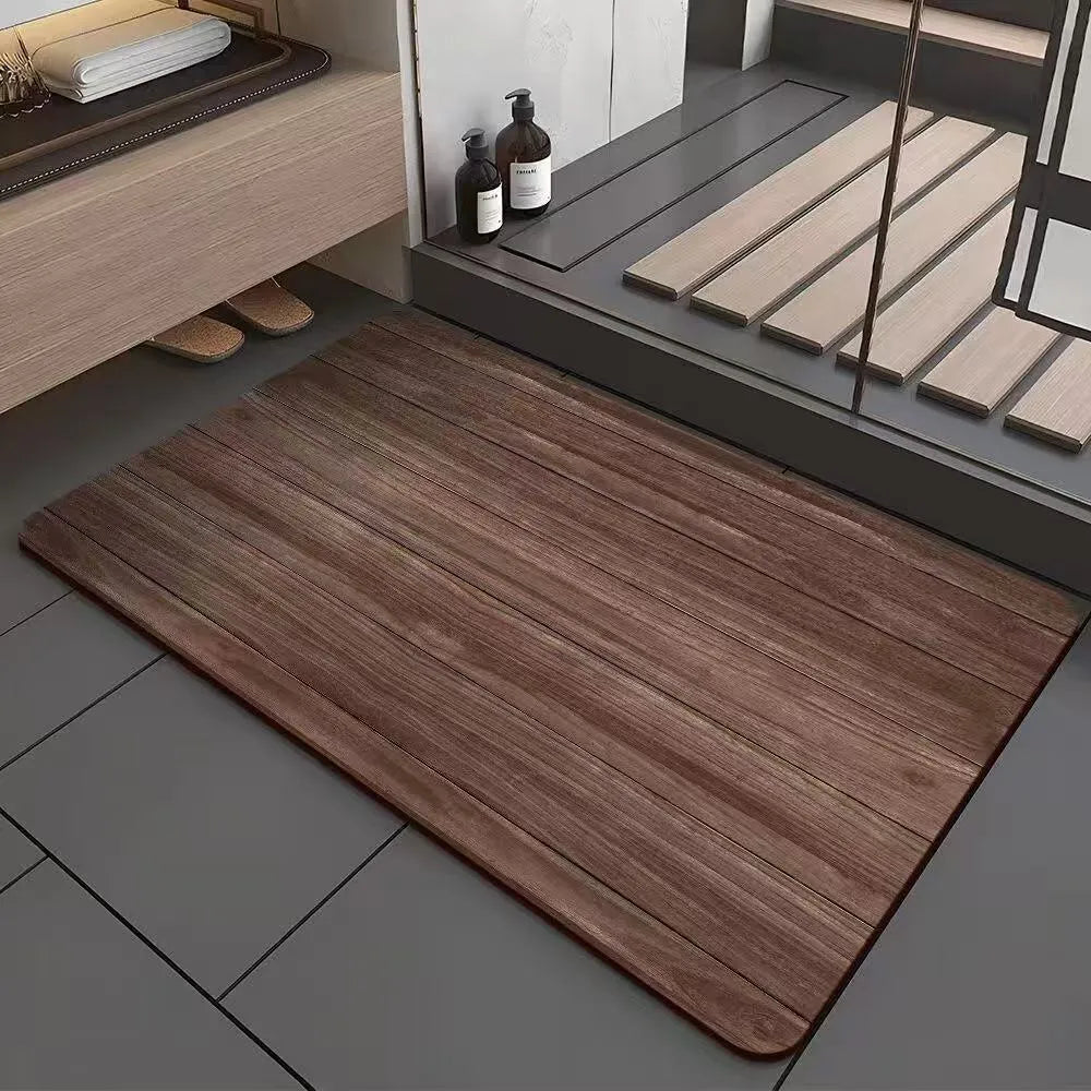 Square American-style floor mat with geometric wood grain pattern for bathroom doorway.