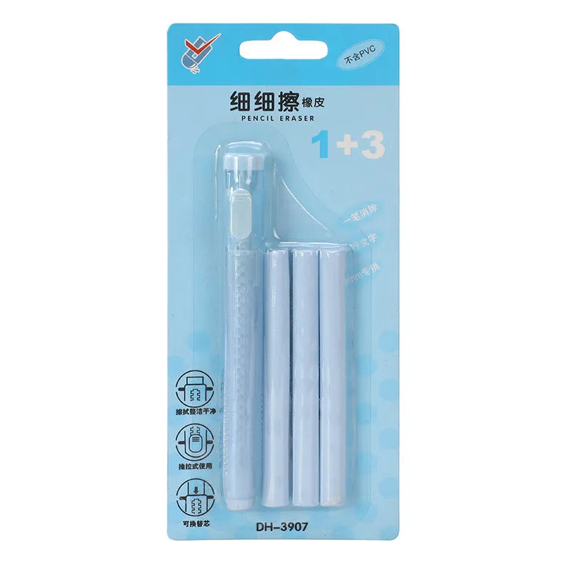 Blue push-type automatic children's eraser with traceless function, 12cm long.