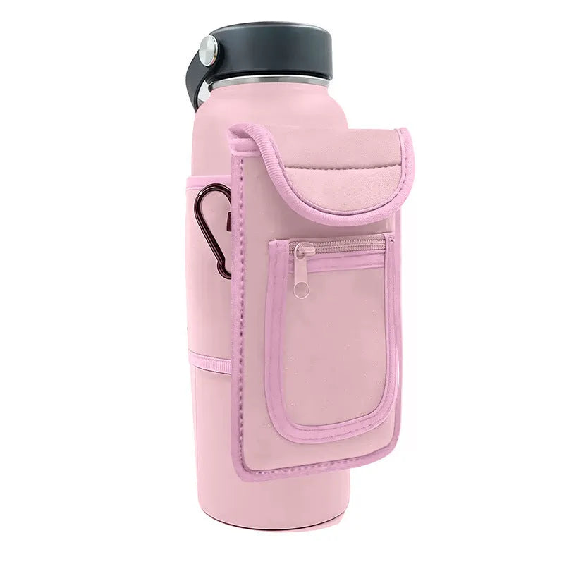 Cloth water bottle sleeve with magnetic clip in black, holding a large sports bottle