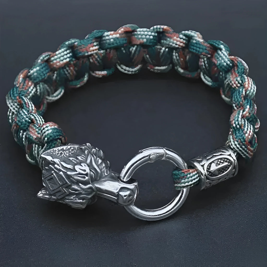 Stainless steel wolf head bracelet with Luen character in camouflage colour showing retro styling