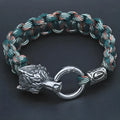 Stainless steel wolf head bracelet with Luen character in camouflage colour showing retro styling