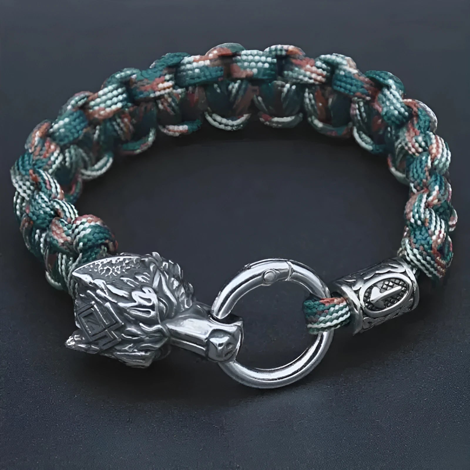 Stainless steel wolf head bracelet with Luen character in camouflage colour showing retro styling