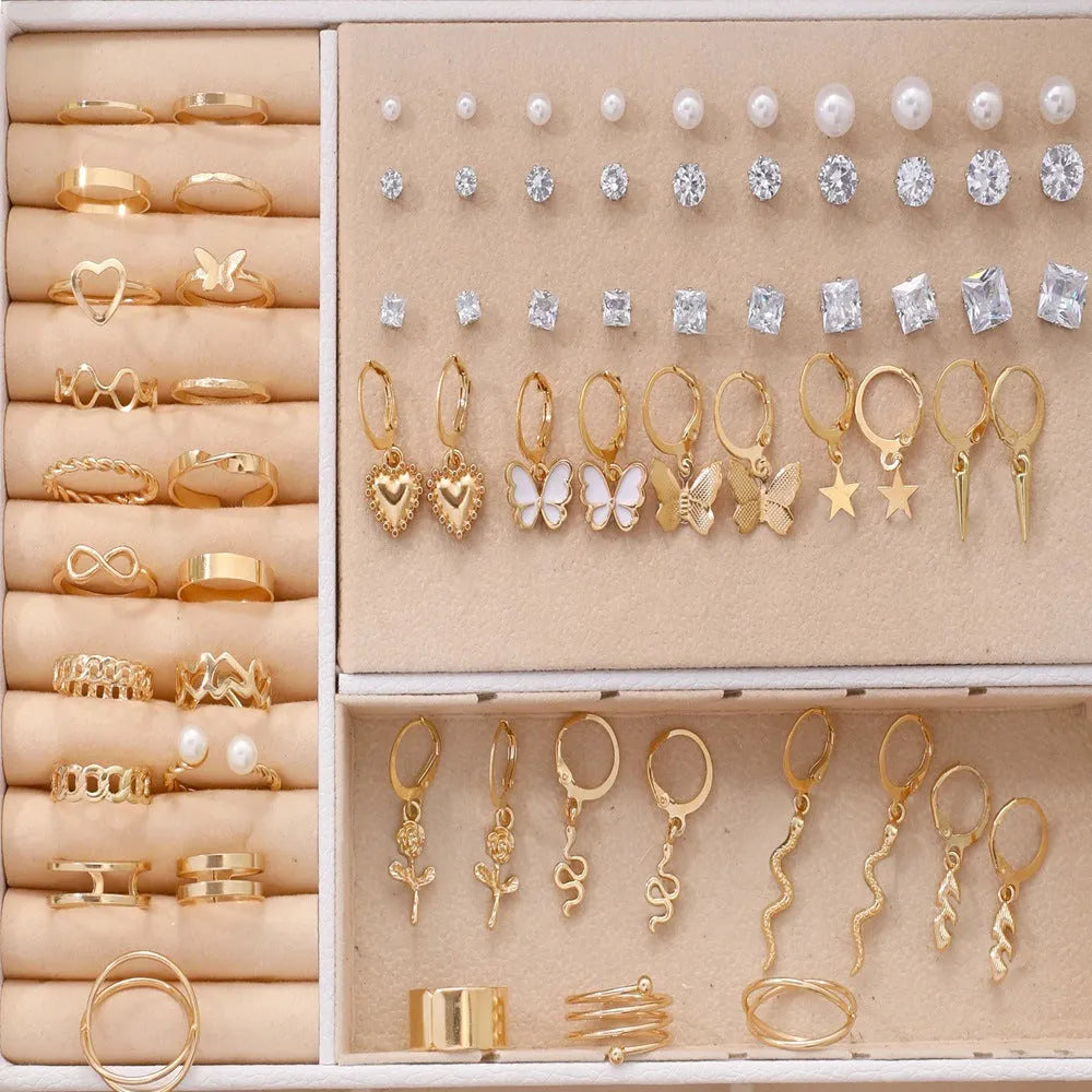 108-piece pearl earrings combination with geometric round design in gold and yellow electroplated finishes