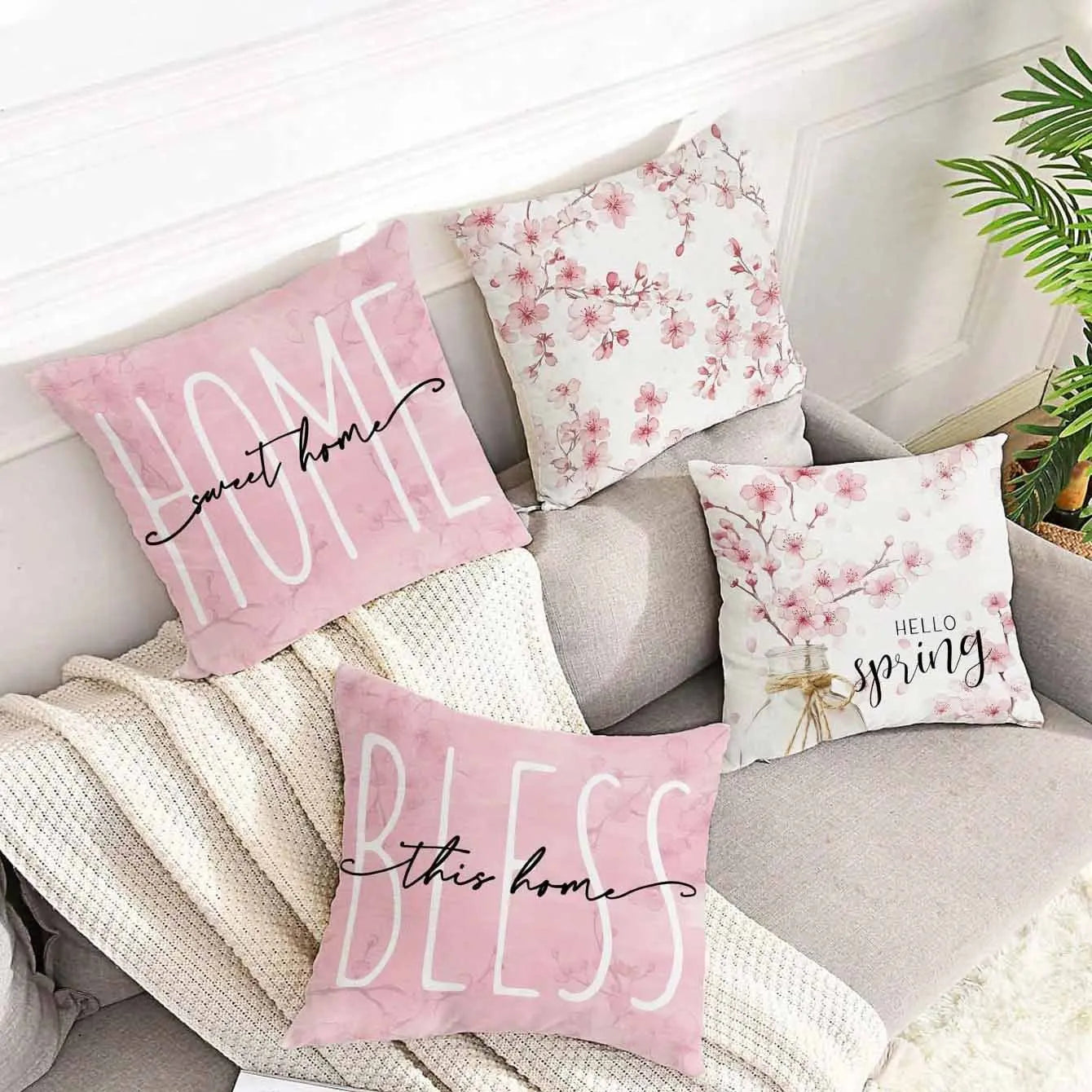 Square short velvet pillow cover with cherry blossom print, 45cm size, shown in one of four colour options.