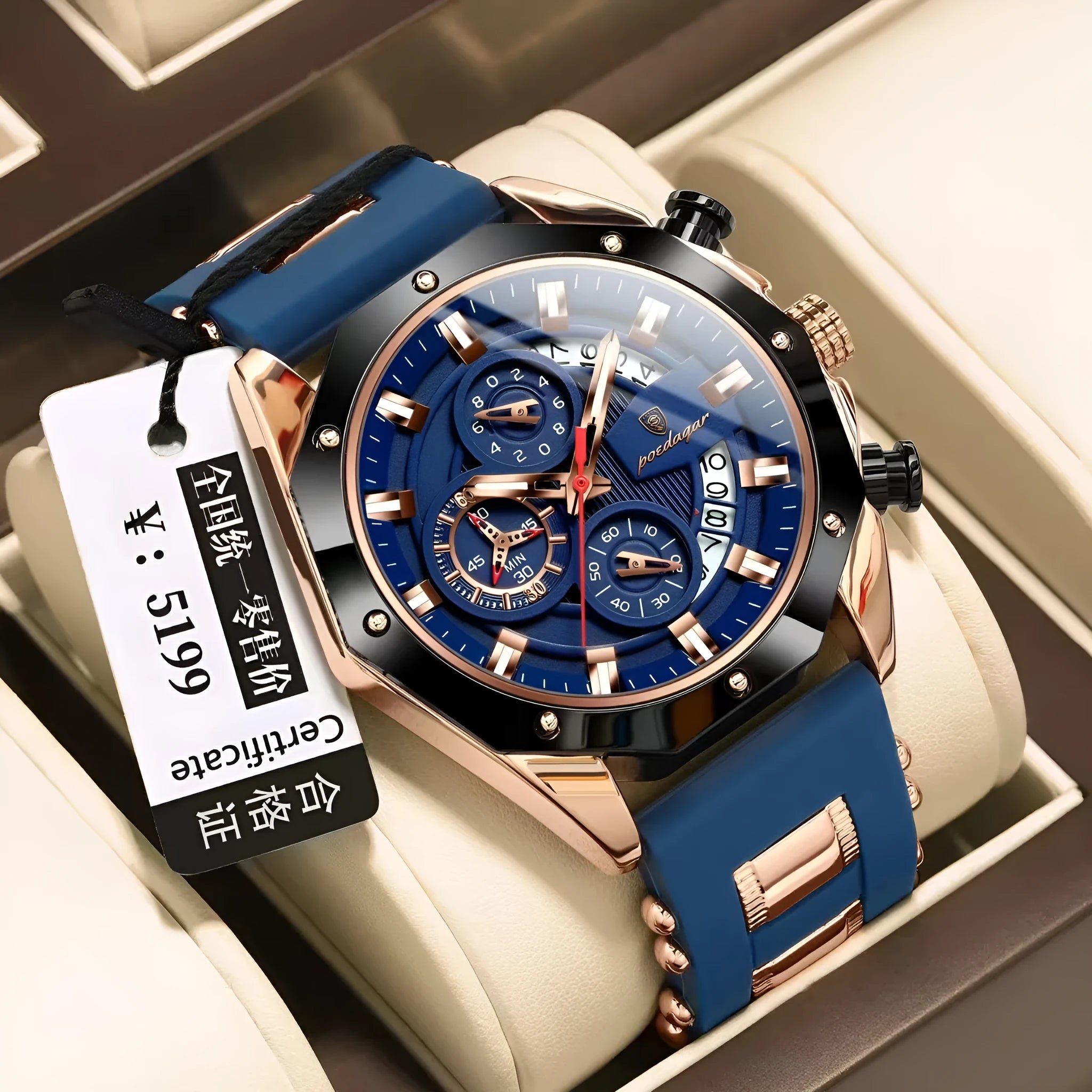 Men's chronograph sports watch with silicone strap and diamond-shaped dial