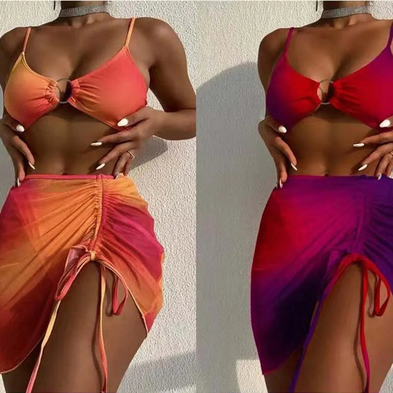 Orange gradient print women's three-piece bikini with hollow suspenders and a loop buckle.