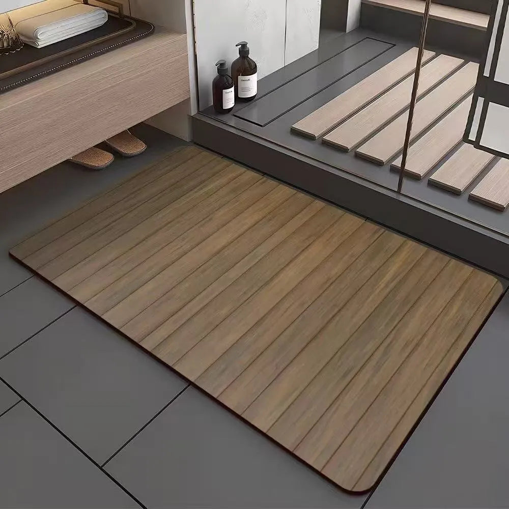Square American-style floor mat with geometric wood grain pattern for bathroom doorway.