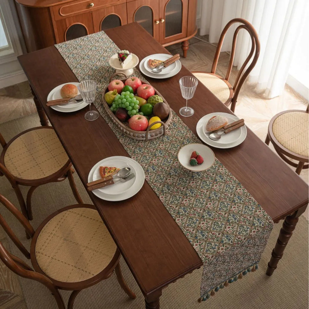 Nordic Jacquard striped bouquet pattern table runner with decorative tassels in dark blue