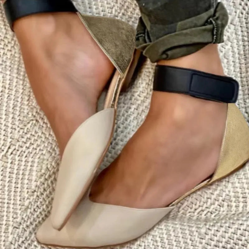Women's beige velcro sandals with hollowed PU leather upper and flat heel