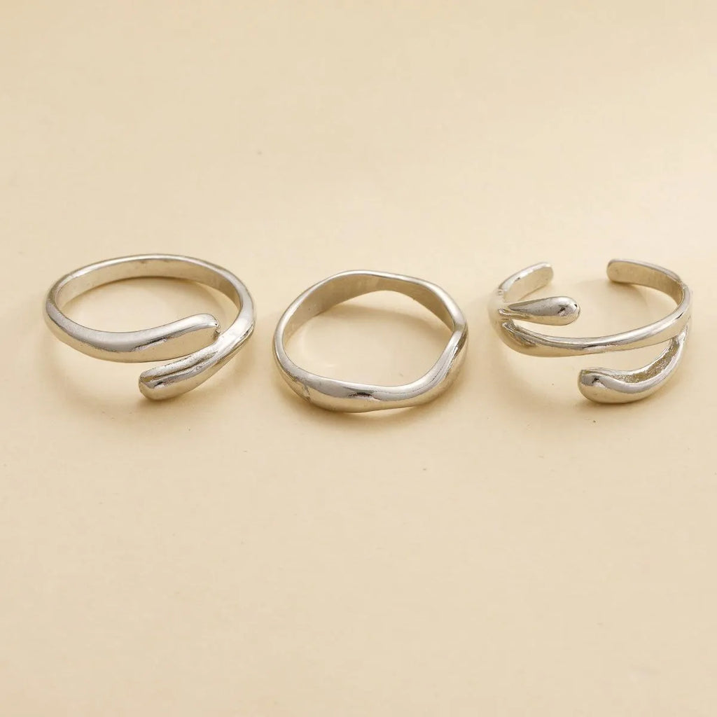 Women's irregular water drop ring suit 3-piece set in gold alloy on white background