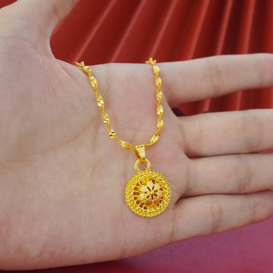 Flower design gold-plated three-piece jewellery suit with water wave chain necklace, earrings and ring