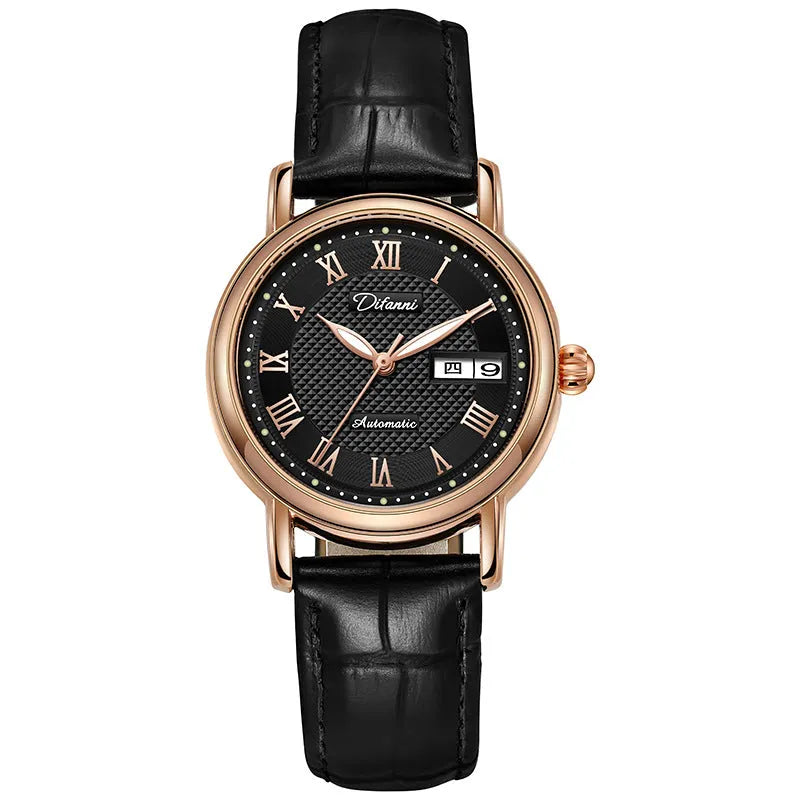 Women's automatic mechanical fashion watch with steel bracelet and white dial showing 12mm thickness