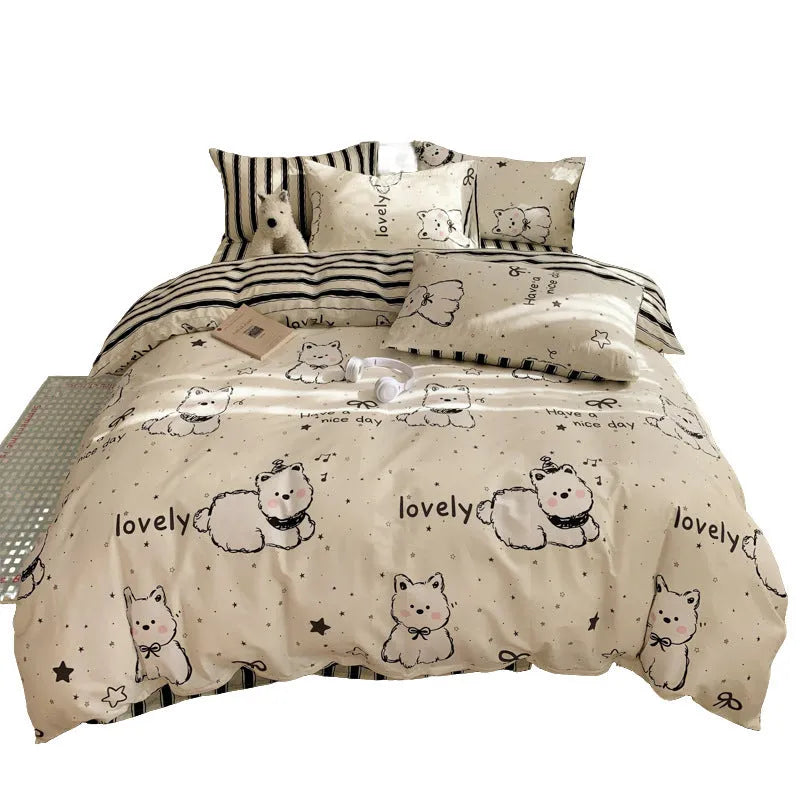 Cartoon dog pattern on a pure cotton duvet cover and pillowcases from a four-piece bedding set.