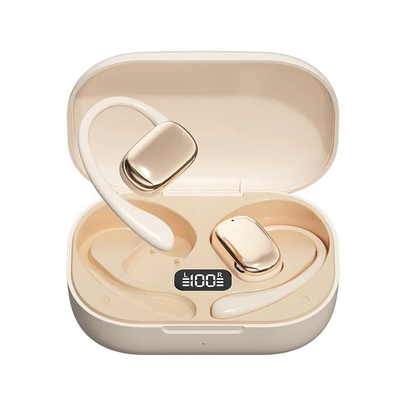 Ear-mounted wireless headphones with digital display screen in black, skin colour or white options