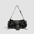 Black dumpling-shaped retro handbag with oil wax leather and multiple organisational compartments