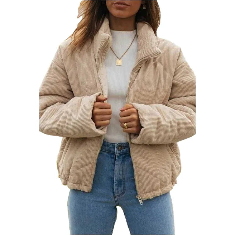 Apricot women's corduroy jacket with stand collar and front zip in street fashion style