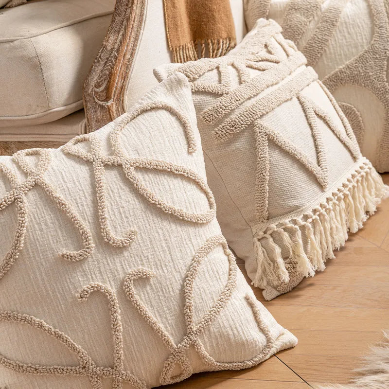Decorative striped cushion cover with knitted tassel in a choice of six patterns and two sizes.