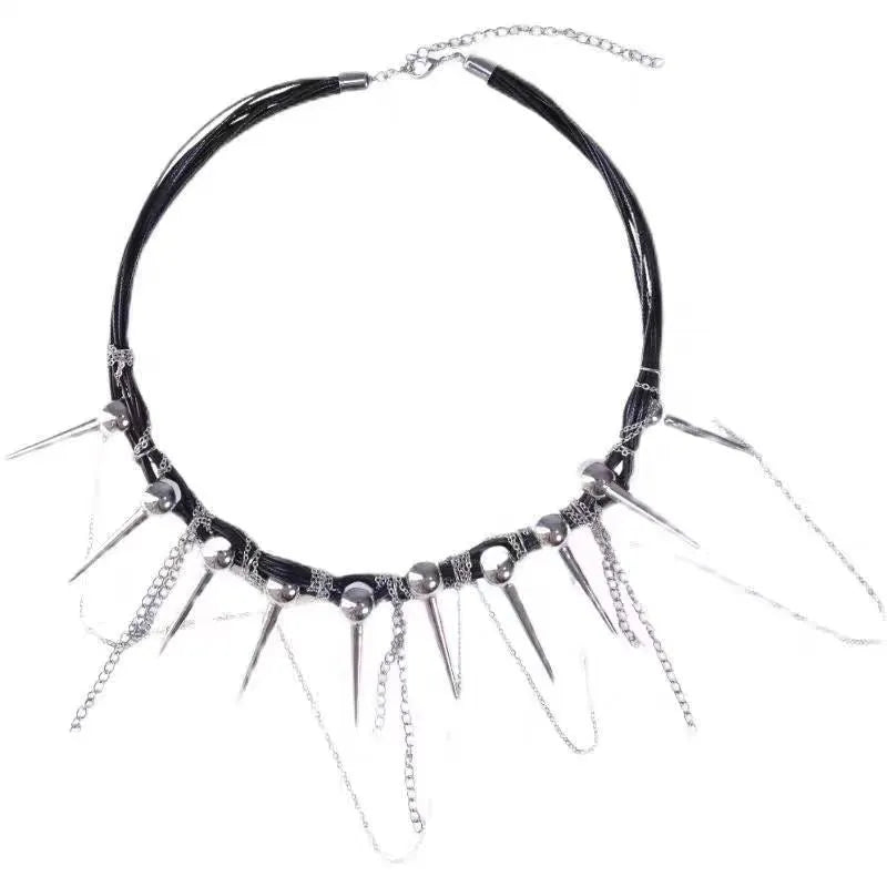 Leather necklace with round beads, a winding tassel, and point rivets in an electroplated picture colour.
