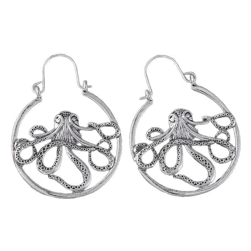 Vintage antique silver octopus earrings with zinc alloy construction and retro styling