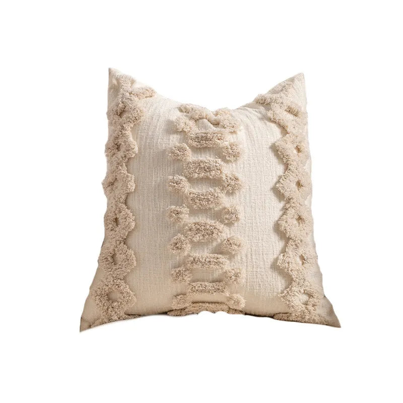 Decorative striped cushion cover with knitted tassel in a choice of six patterns and two sizes.